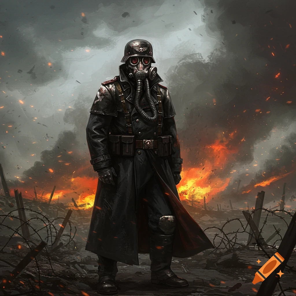 A grim, gas-masked soldier in a long black coat stands amidst a fiery, smoke-filled, war-torn landscape.
