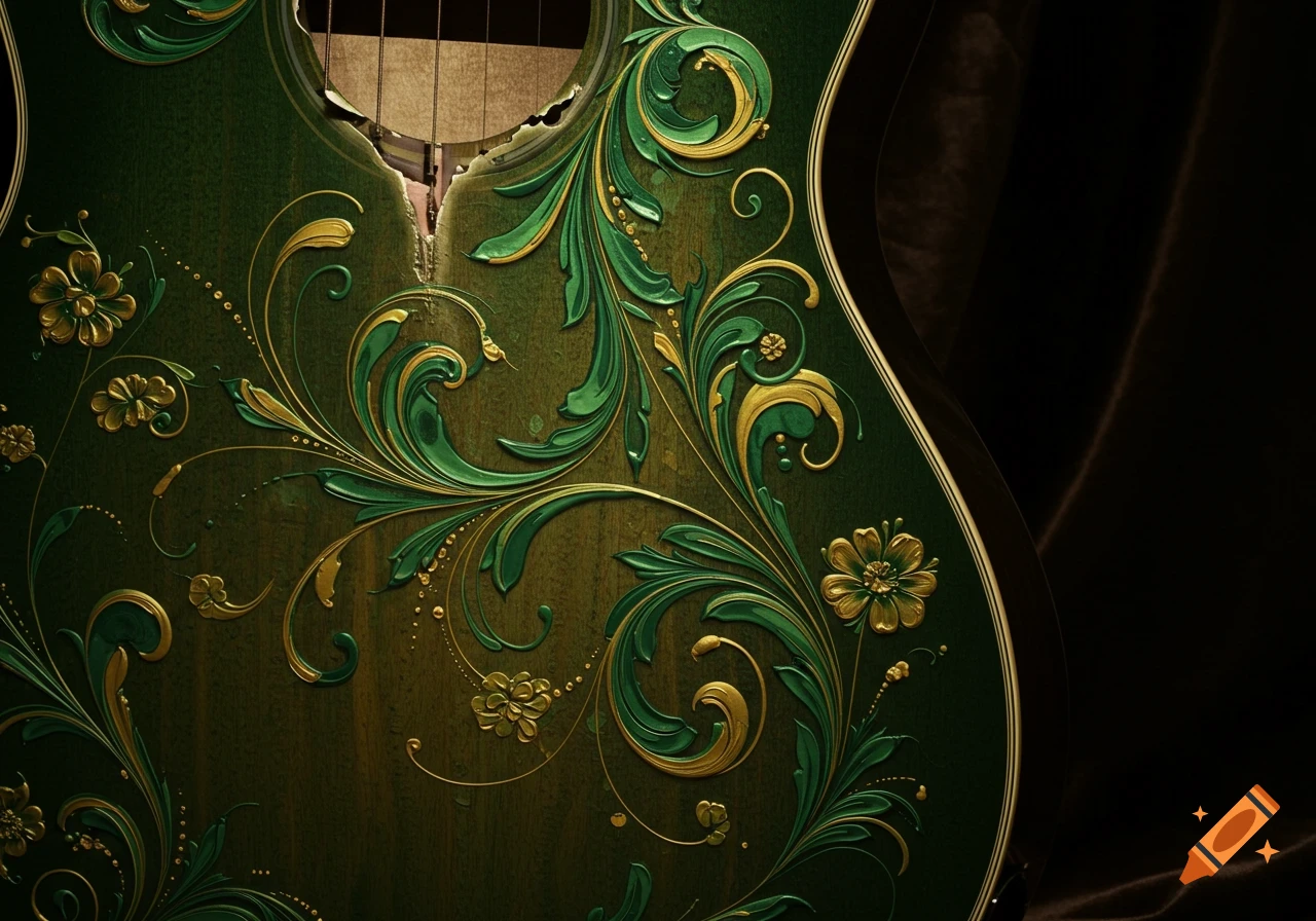 Close-up of a dark green acoustic guitar adorned with intricate gold and light green floral carvings.