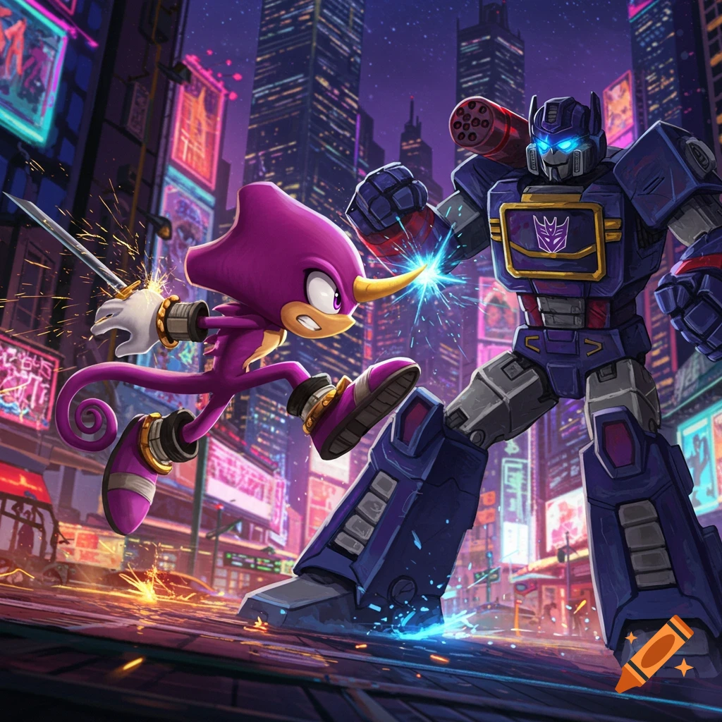 Espio the Chameleon battles Soundwave from Transformers in a cyberpunk city at night, sparks flying from their clash. Stylized comic art.