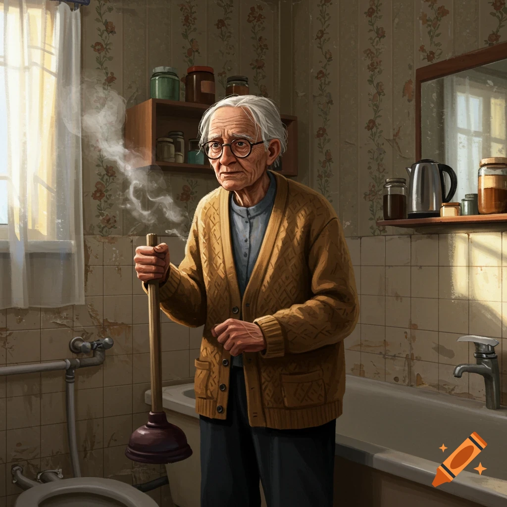 A realistic illustration of an old man with glasses holding a plunger in a dingy bathroom with floral wallpaper.
