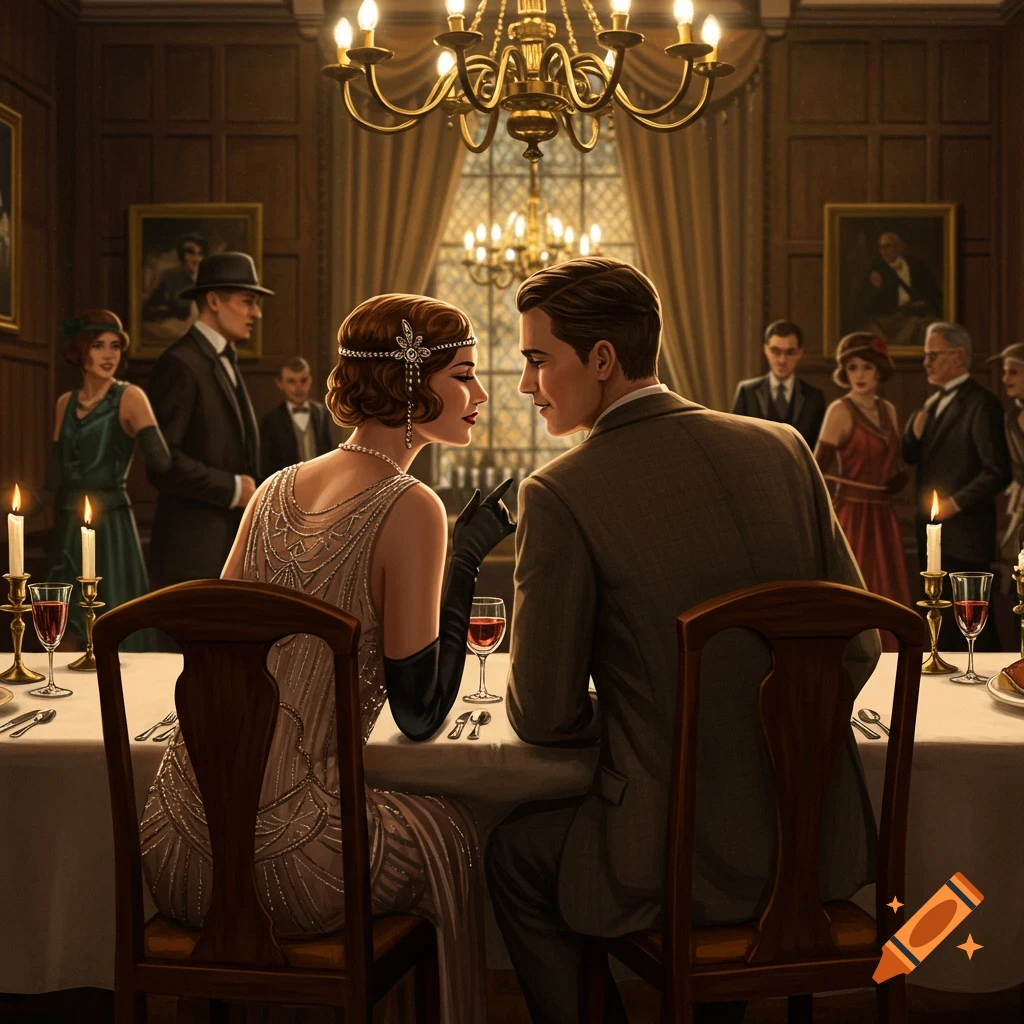A couple in 1920s attire shares an intimate moment at a formal dinner party in an ornate English manor.
