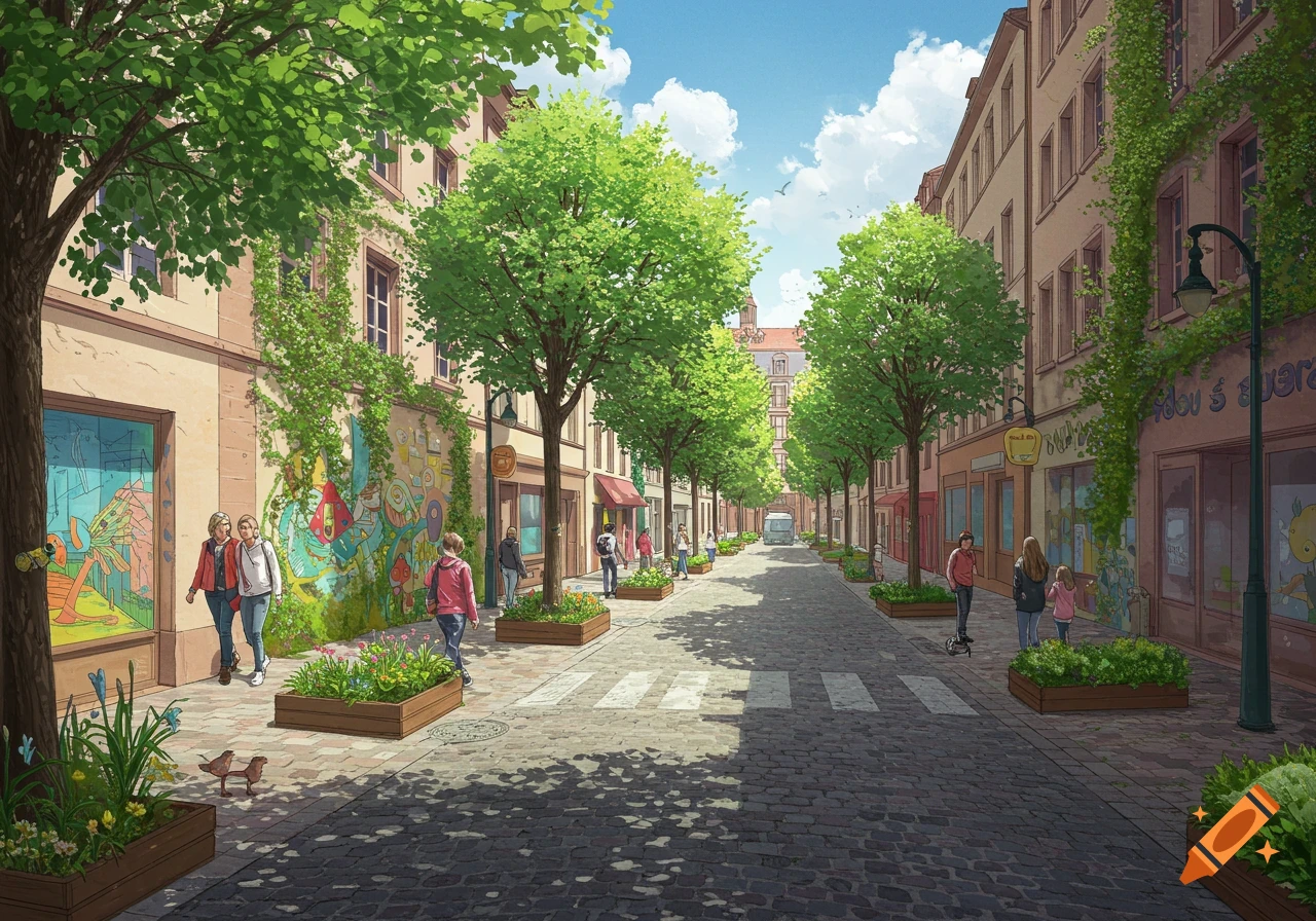 Bright anime illustration of a green, tree-lined European street with people, buildings, and shops under a blue sky.