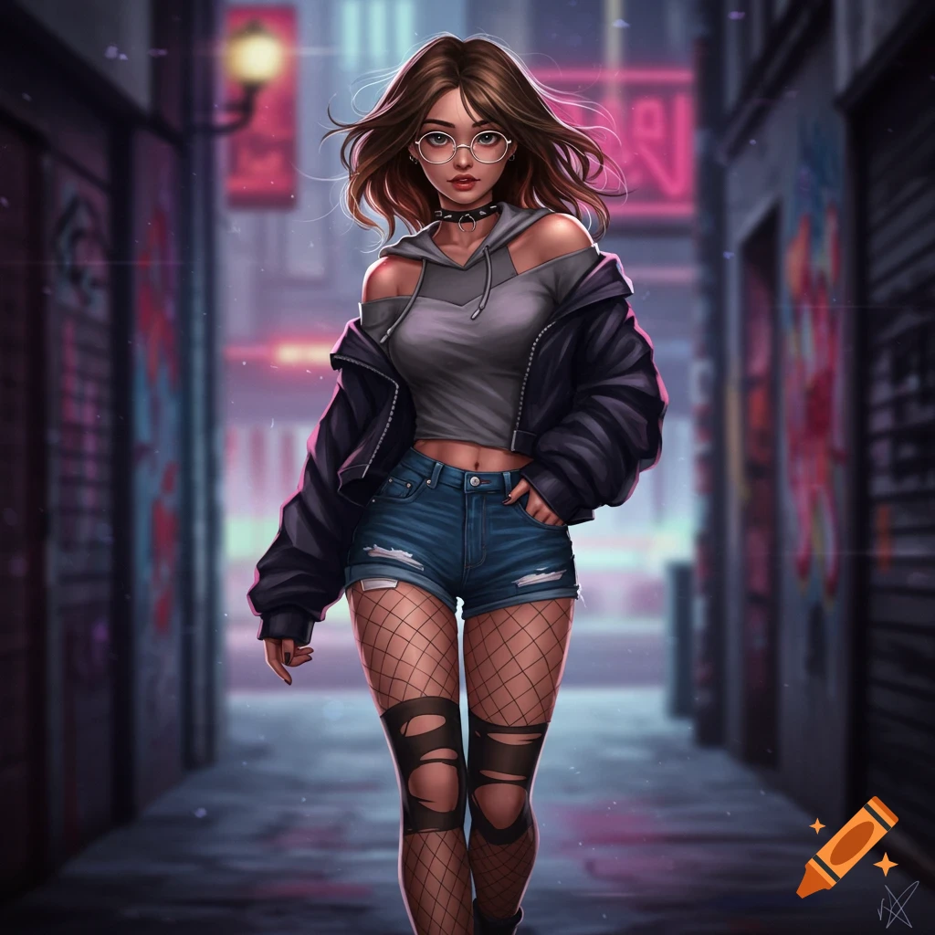 A stylized digital art of a woman in an urban alley wearing a cropped top, short shorts, fishnets, and a hoodie.