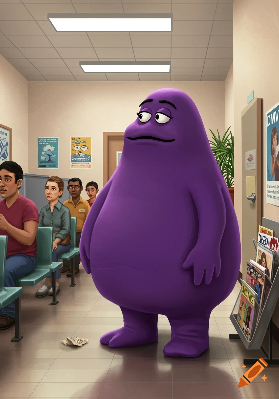 Grimace, the large purple McDonald's character, stands in a crowded DMV waiting room, looking bored. People sit on green chairs in the background.