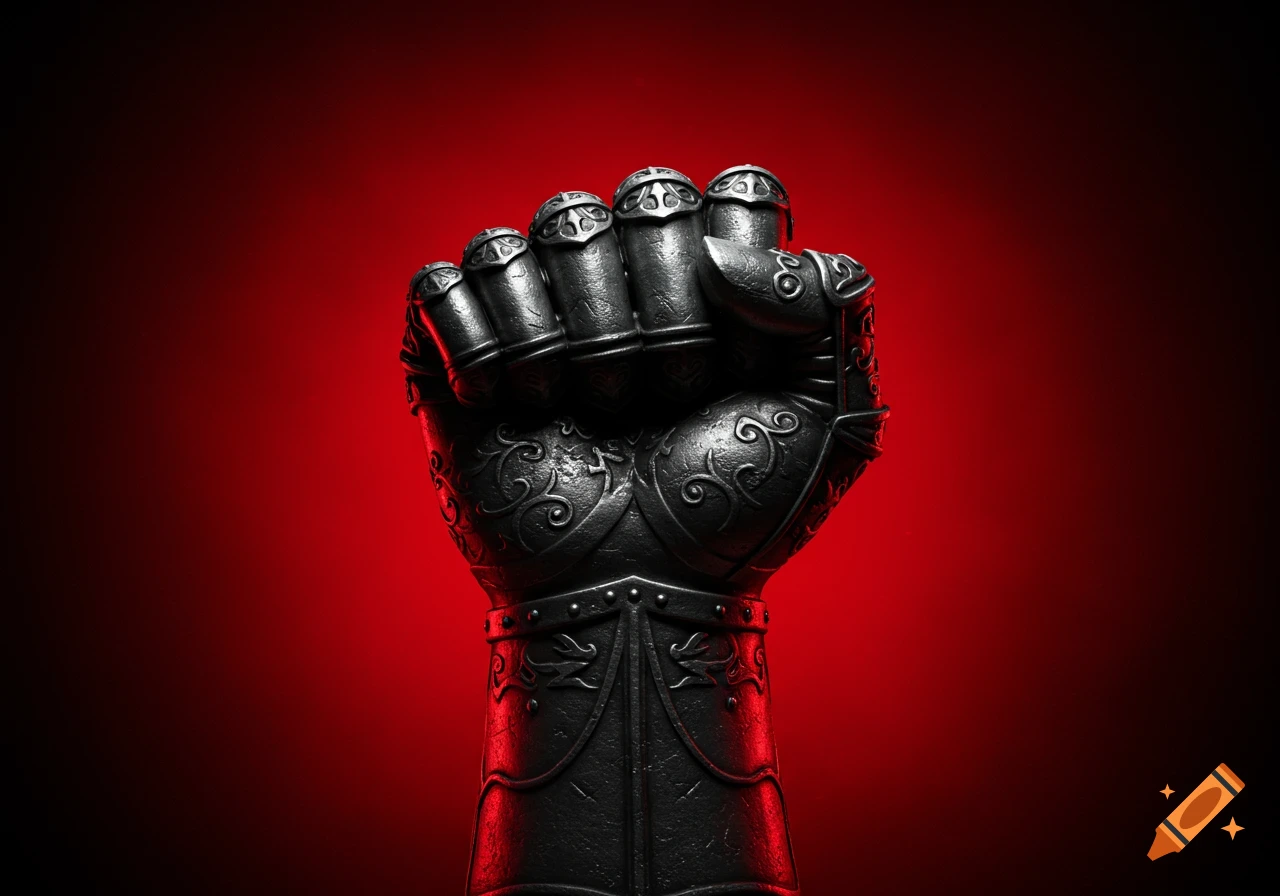 An ornate, dark metal medieval gauntlet formed into a fist, against a red and black gradient background.