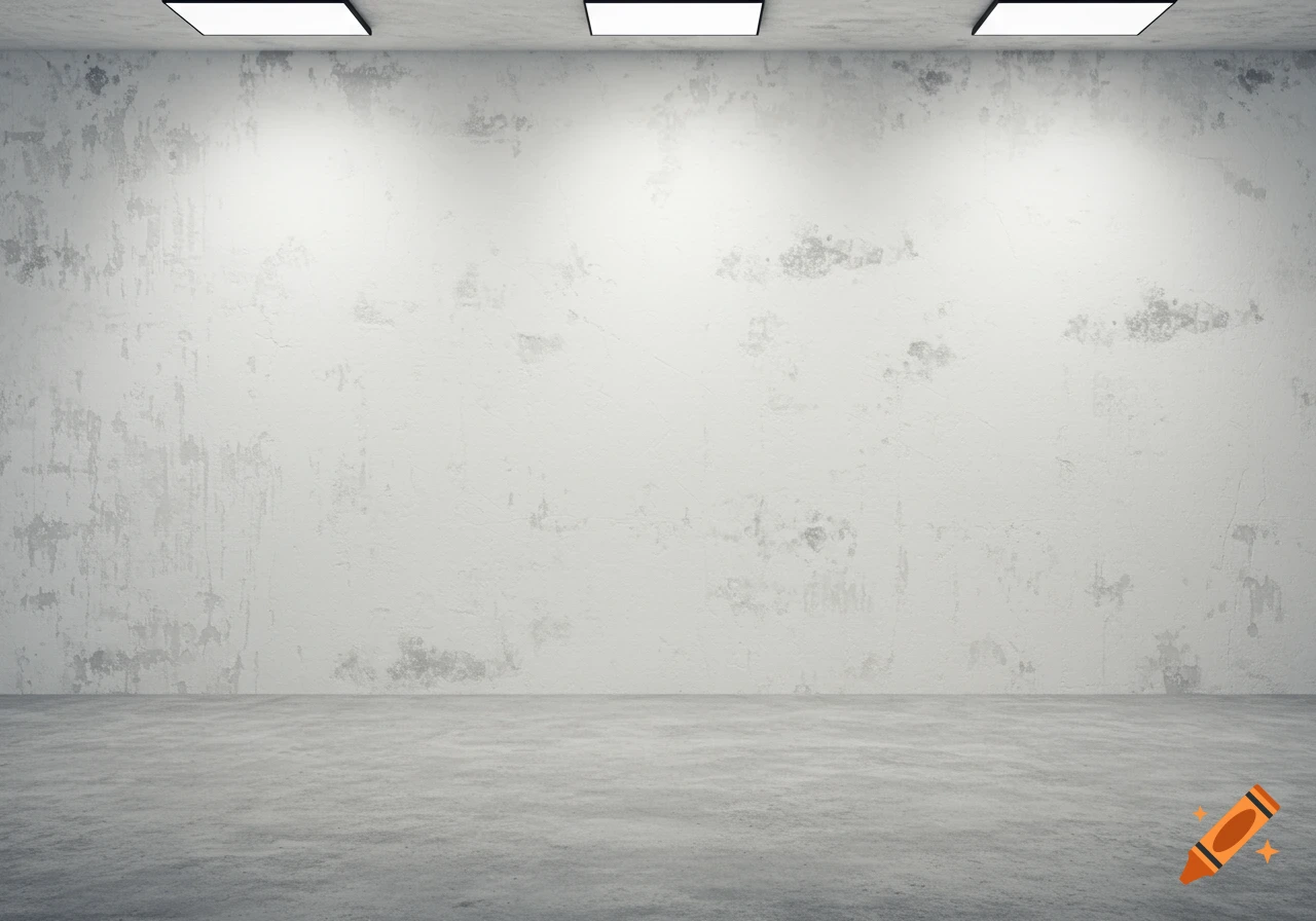 A minimalist room with a textured white wall, concrete floor, and three rectangular ceiling lights.