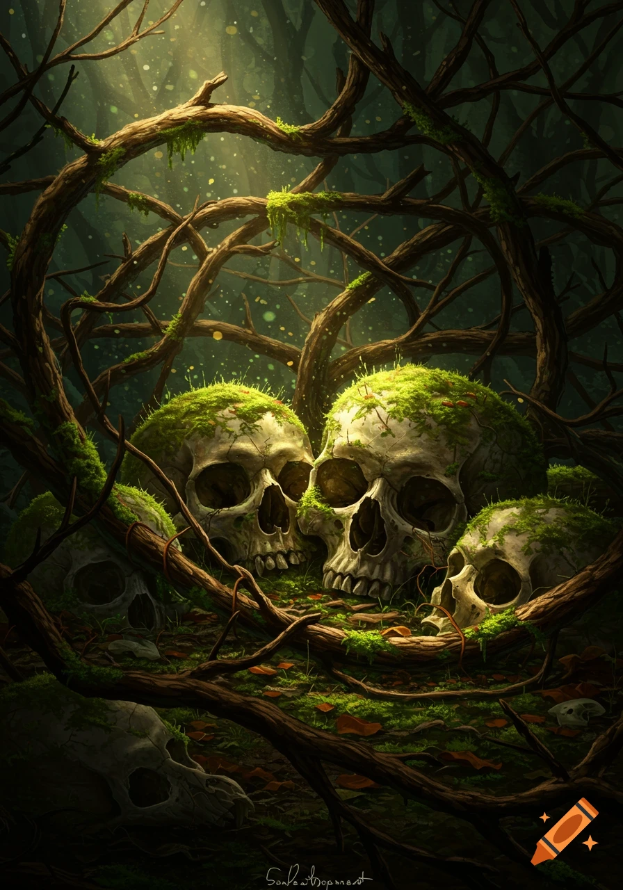 Moss-covered skulls entwined by dark, gnarled branches in a shadowy, mystical forest with ethereal light.