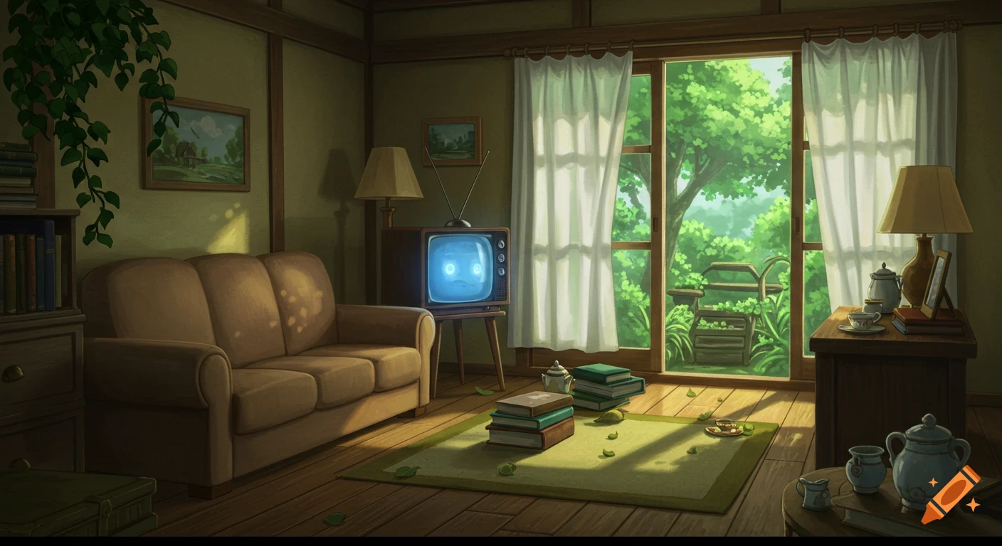 Anime-style cozy living room with a brown sofa, retro TV, and a bright view of a lush green forest through the large window.