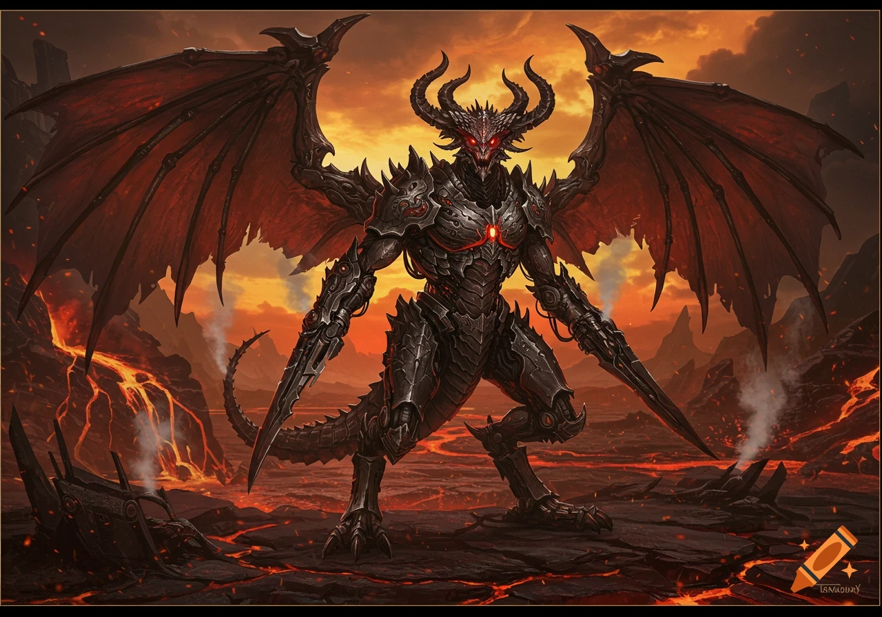 A powerful horned and winged biomechanical demon stands in a fiery volcanic landscape with glowing lava, rendered in detailed fantasy art.