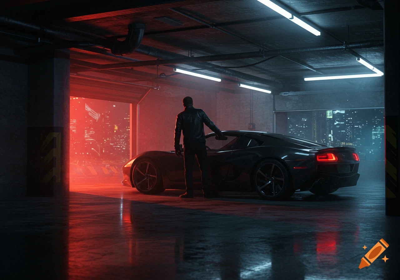 A man in a leather jacket stands next to a black sports car in a dark garage, looking out at a red-lit city skyline.
