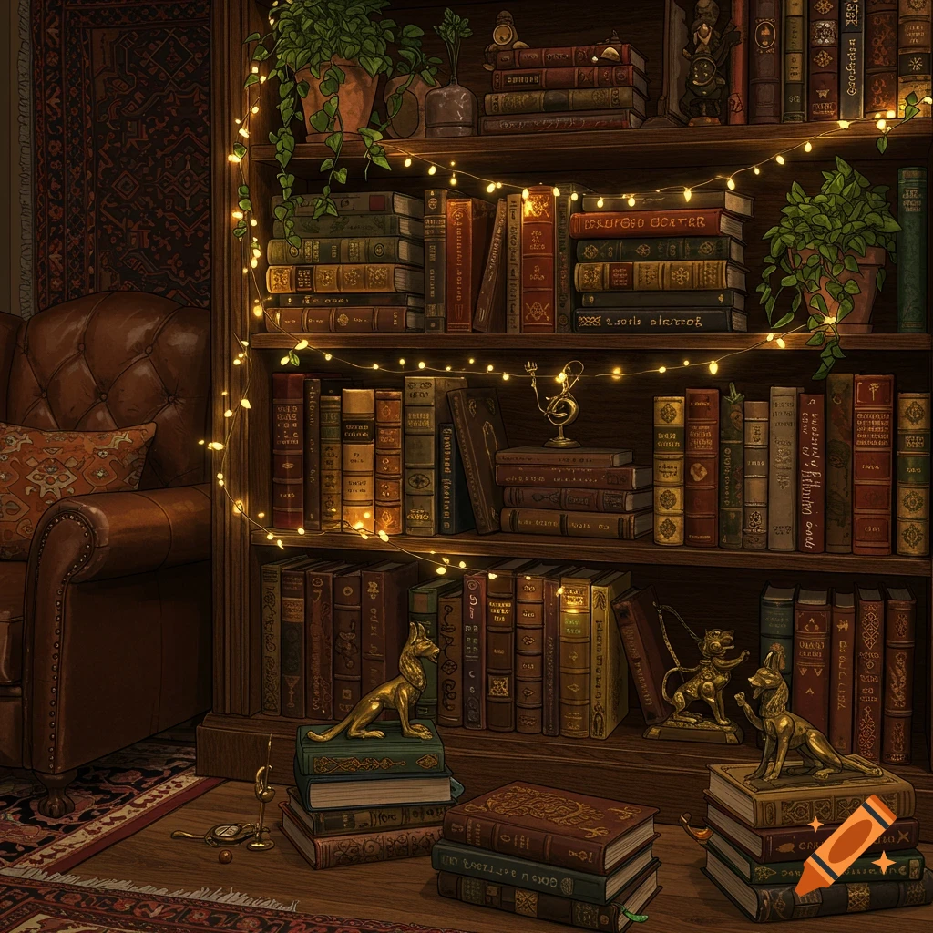 Illustrative painting of a cozy dark wood bookshelf filled with old books, plants, brass statues, and string lights.