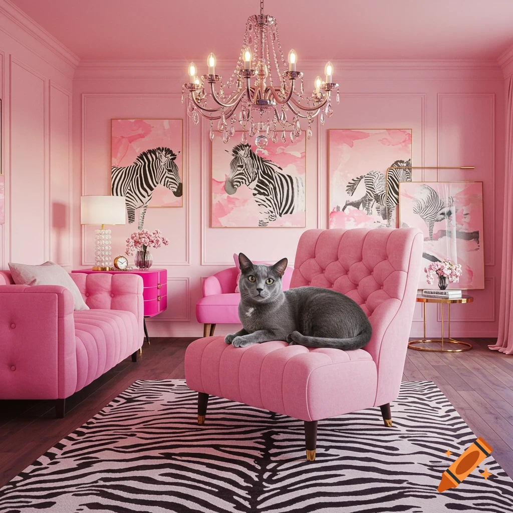 A grey cat rests on a tufted pink armchair in a lavish, all-pink room with a zebra print rug and zebra paintings on the walls.