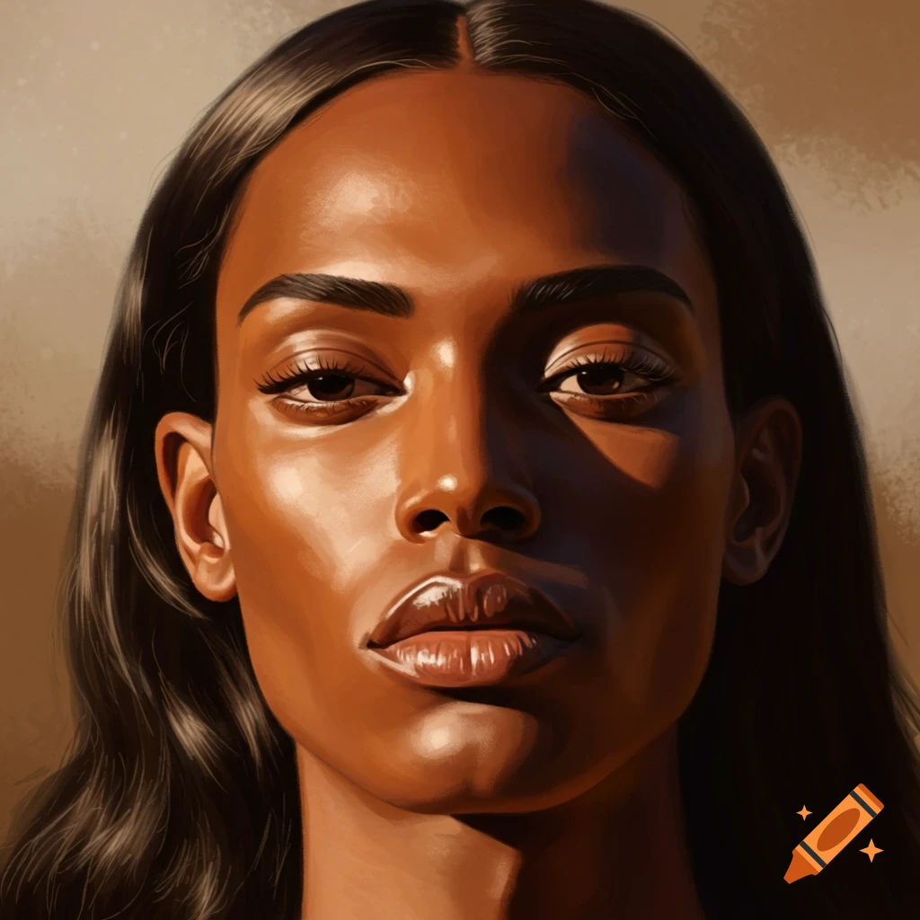 Close-up digital art portrait of a person with dark skin, long dark hair, high cheekbones, and full lips, looking forward.