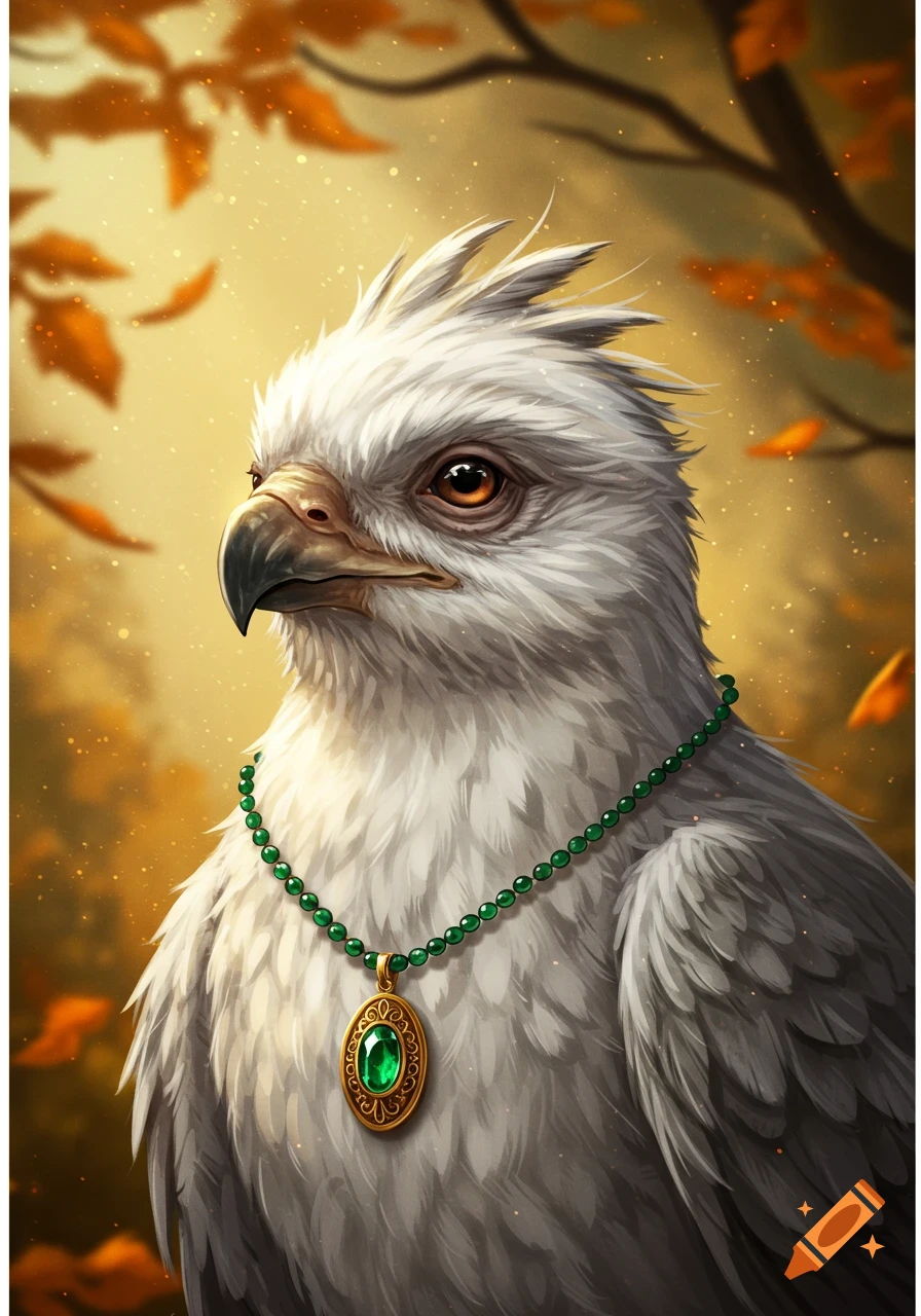A regal white bird with a green beaded necklace and an emerald pendant, set against a warm, blurry autumn background.
