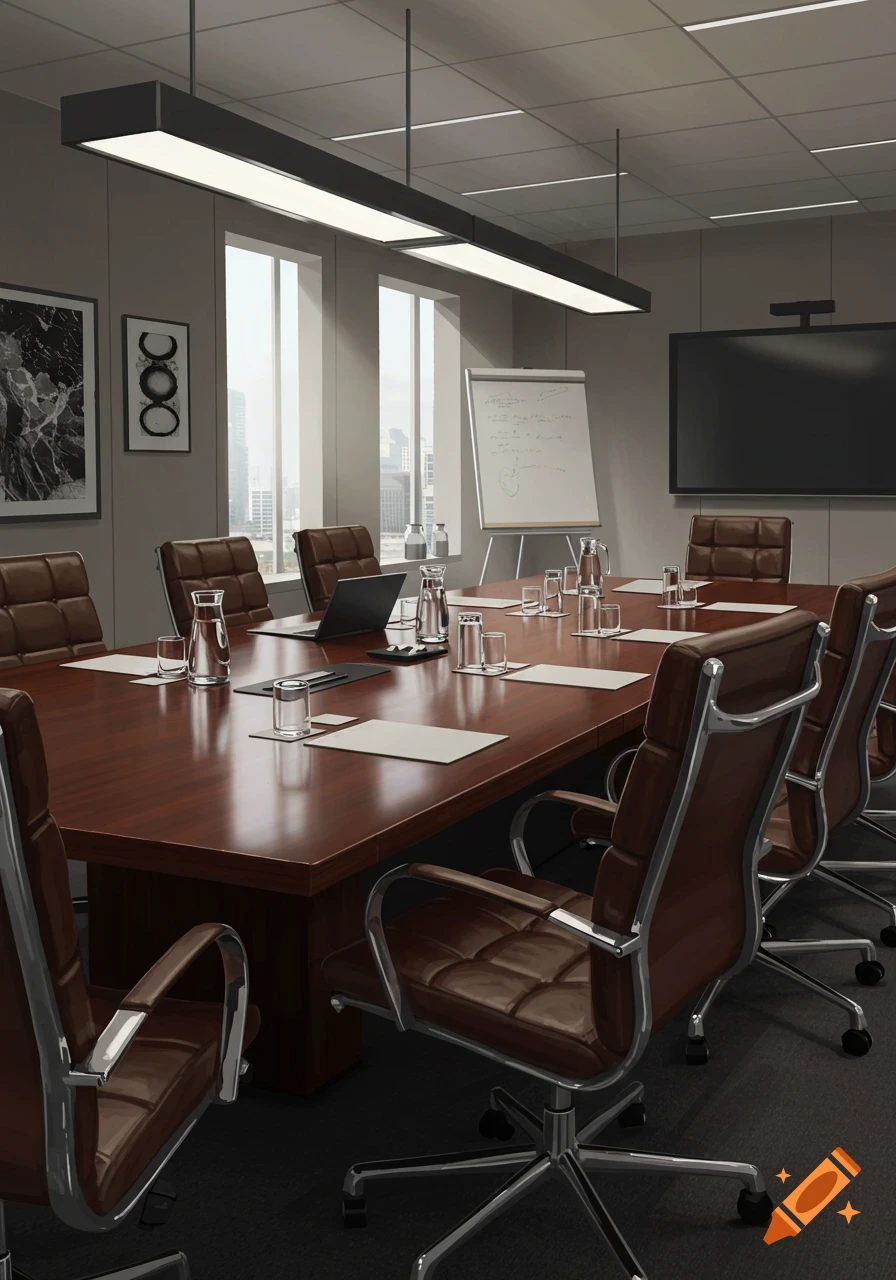 A photorealistic image of a modern business boardroom with a large wooden table, brown leather chairs, a whiteboard, and a large wall-mounted screen.