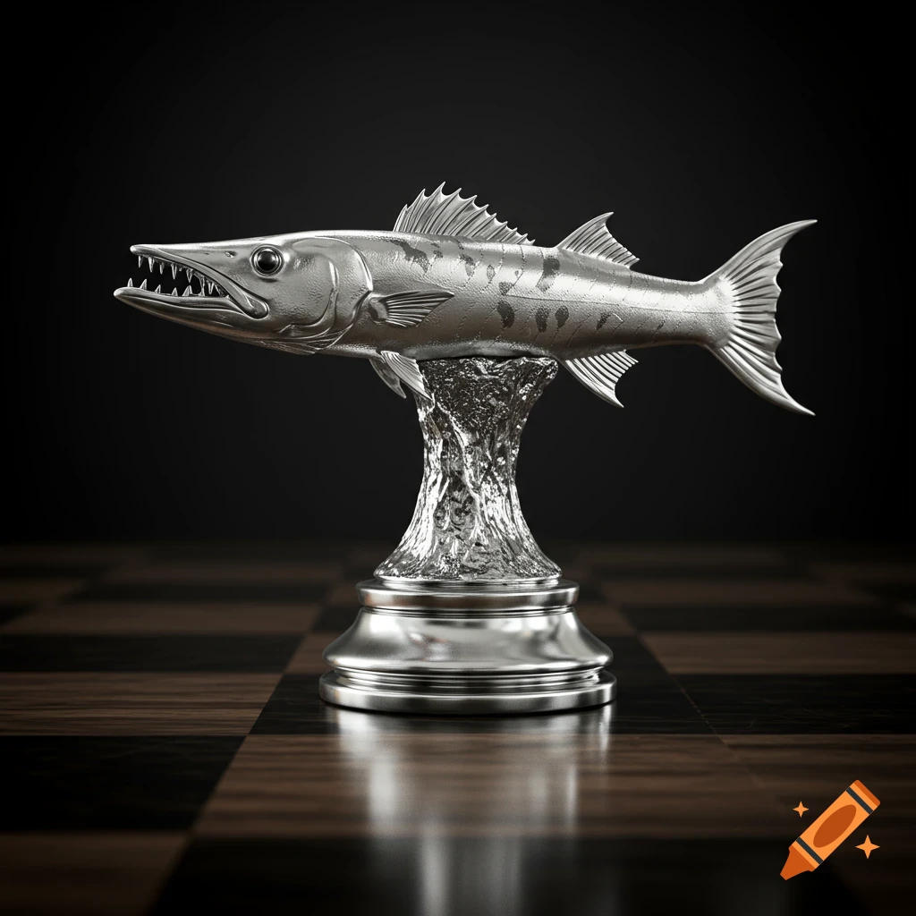 Photorealistic silver barracuda chess piece with sharp teeth, on a dark wooden chessboard with reflections.