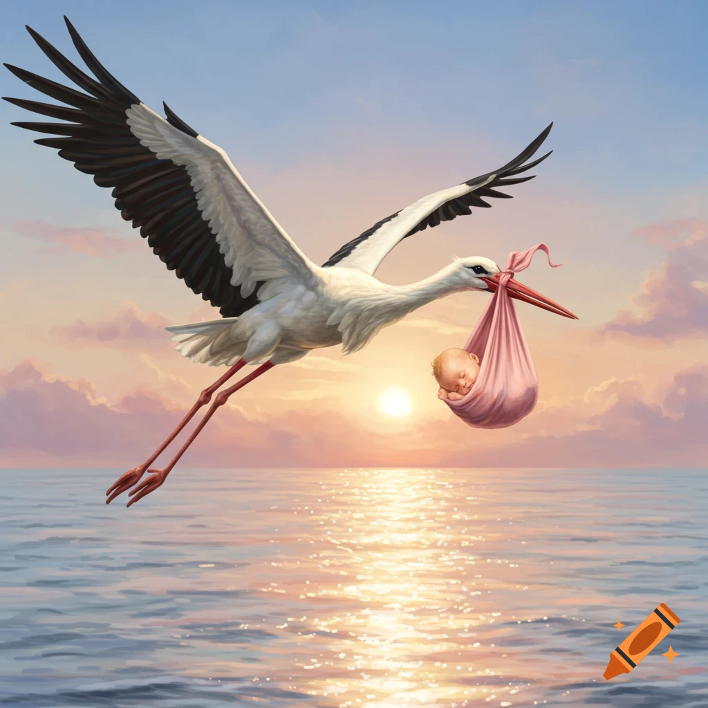An illustrative painting of a stork flying over a shimmering ocean at sunrise, carrying a baby in a pink sling.