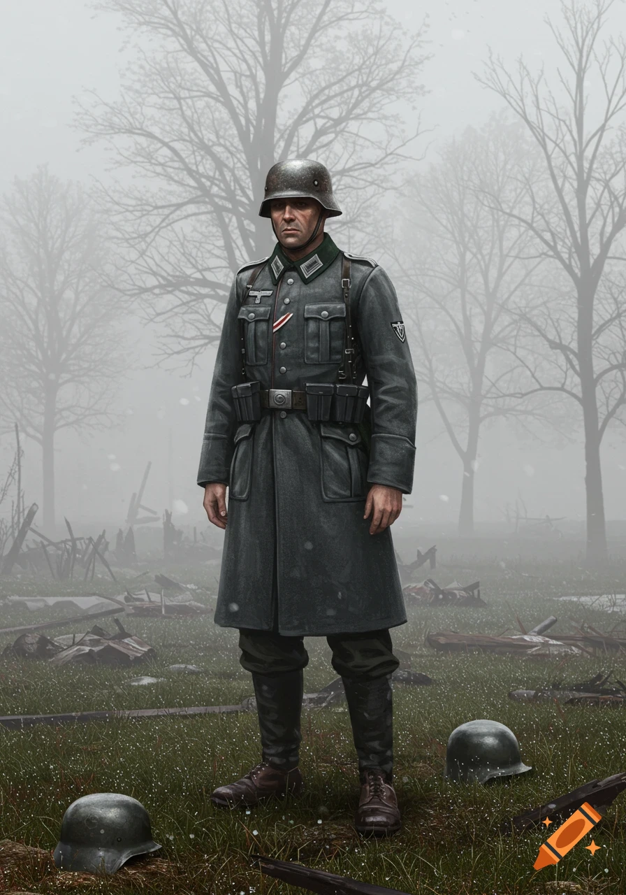 A realistic illustration of a German WWII soldier in a long coat standing in a misty, desolate battlefield with bare trees.