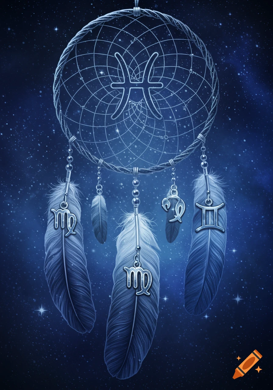 A dream catcher with a Pisces symbol woven into its web. Charms of Virgo and other zodiac symbols hang from feathers, against a starry blue sky.