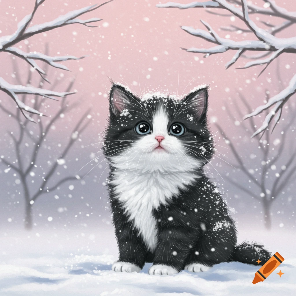 A cute fluffy black-and-white kitten with blue eyes sits in a snowy forest, with snow falling on its fur. Illustrated style.