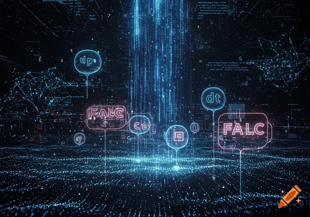 Abstract digital landscape with glowing blue data streams, floating text bubbles like 'FALC', 'up', 'dt', and network connections on a dark background.