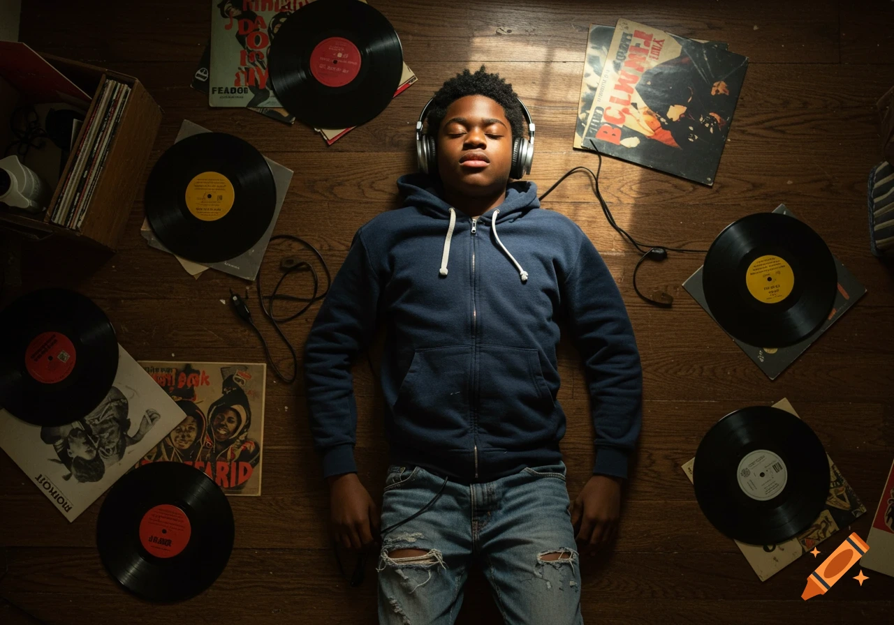 A young Black man wearing headphones and ripped jeans lies on a wooden floor surrounded by vinyl records, eyes closed in musical immersion.