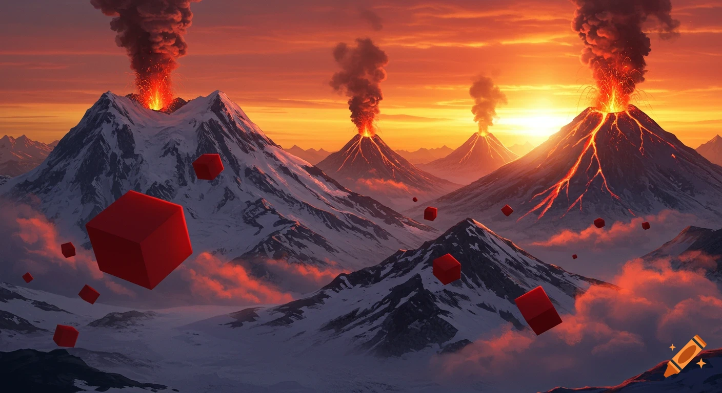 Erupting volcanoes on snow-capped mountains at a red sunset with red cubes floating in the sky. Digital art.