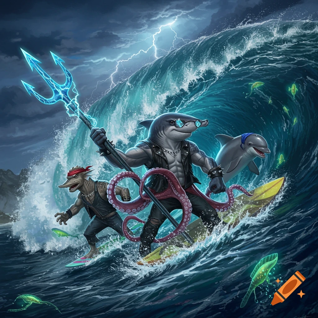 Anthropomorphic shark, dolphin, and fish-like creature surfing a massive stormy ocean wave with lightning.