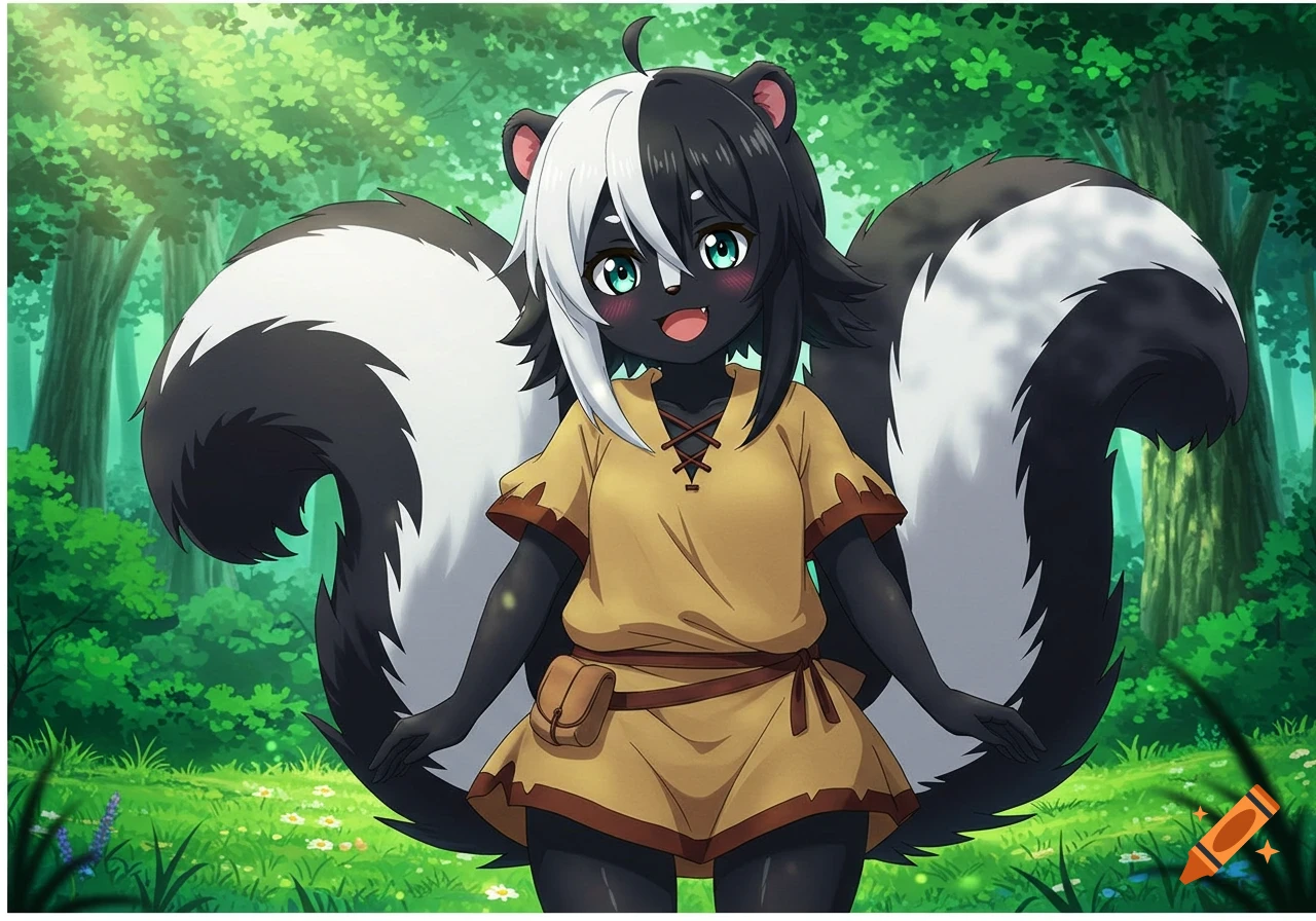 An anime-style skunk girl with dark fur, white bangs, and large fluffy tails, wearing a tunic, stands in a vibrant green forest.