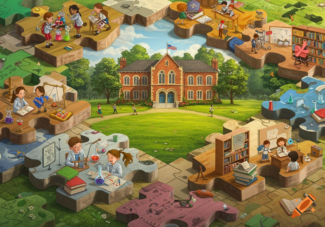 Illustrative scene of a school building surrounded by puzzle pieces, each showing children learning science, reading, and studying.