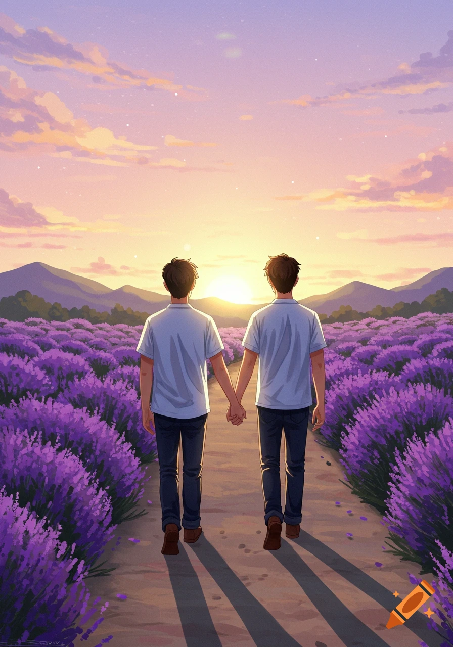 Two men holding hands walk through a vibrant purple lavender field towards a bright sunset over mountains in an illustration.
