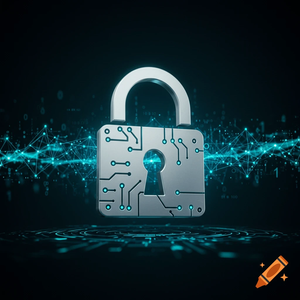 A 3D metallic padlock icon with circuit board patterns, glowing blue digital lines and binary code in the dark background.