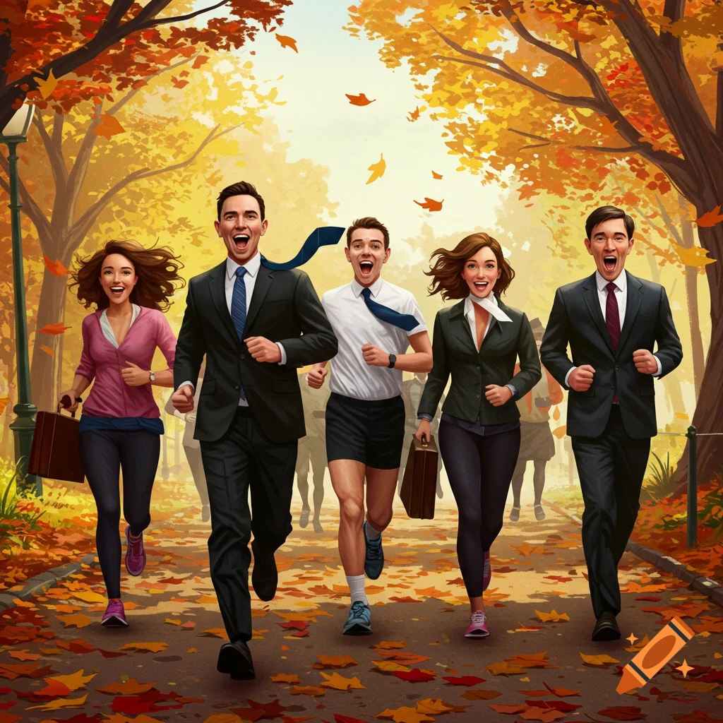 Five business professionals run through an autumn park with falling leaves, smiling.