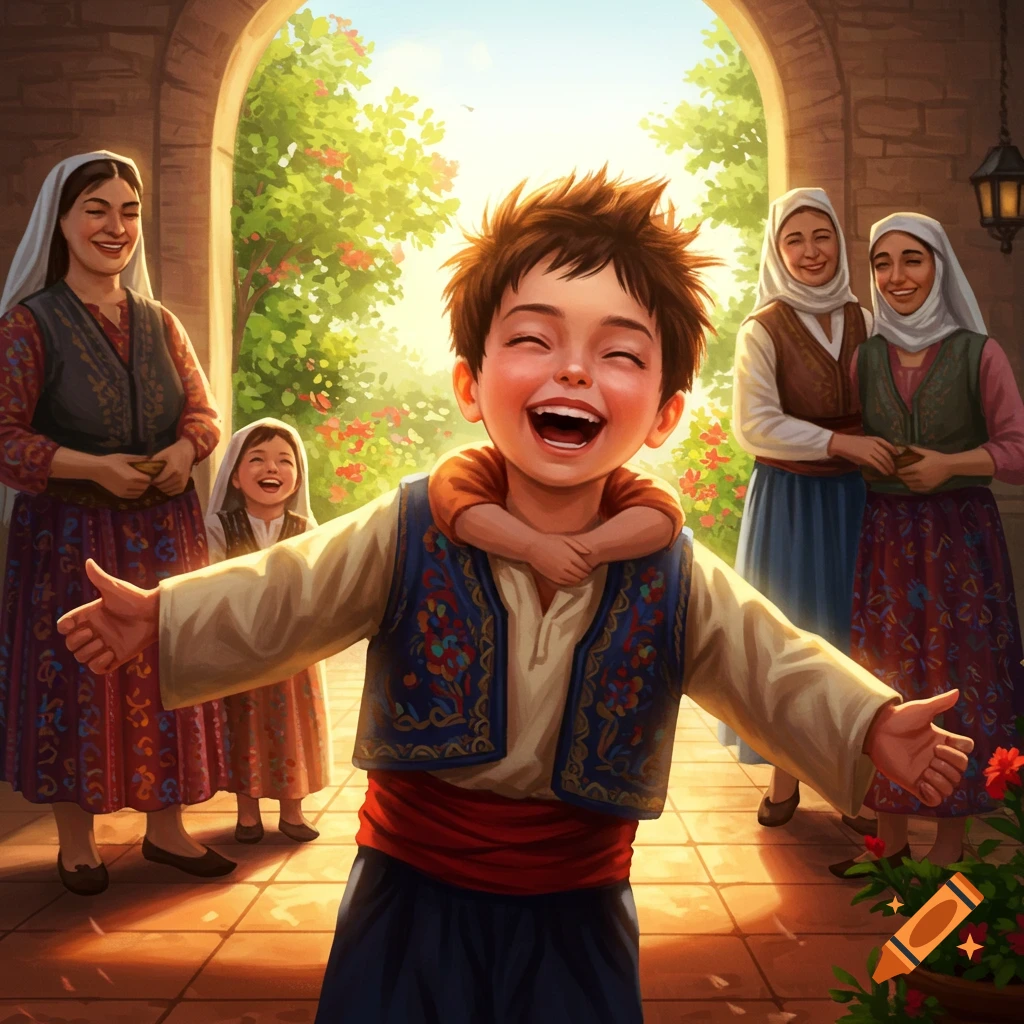 Joyful Turkish boy laughing with open arms, surrounded by smiling women in traditional clothing in a sunny garden archway, illustration.