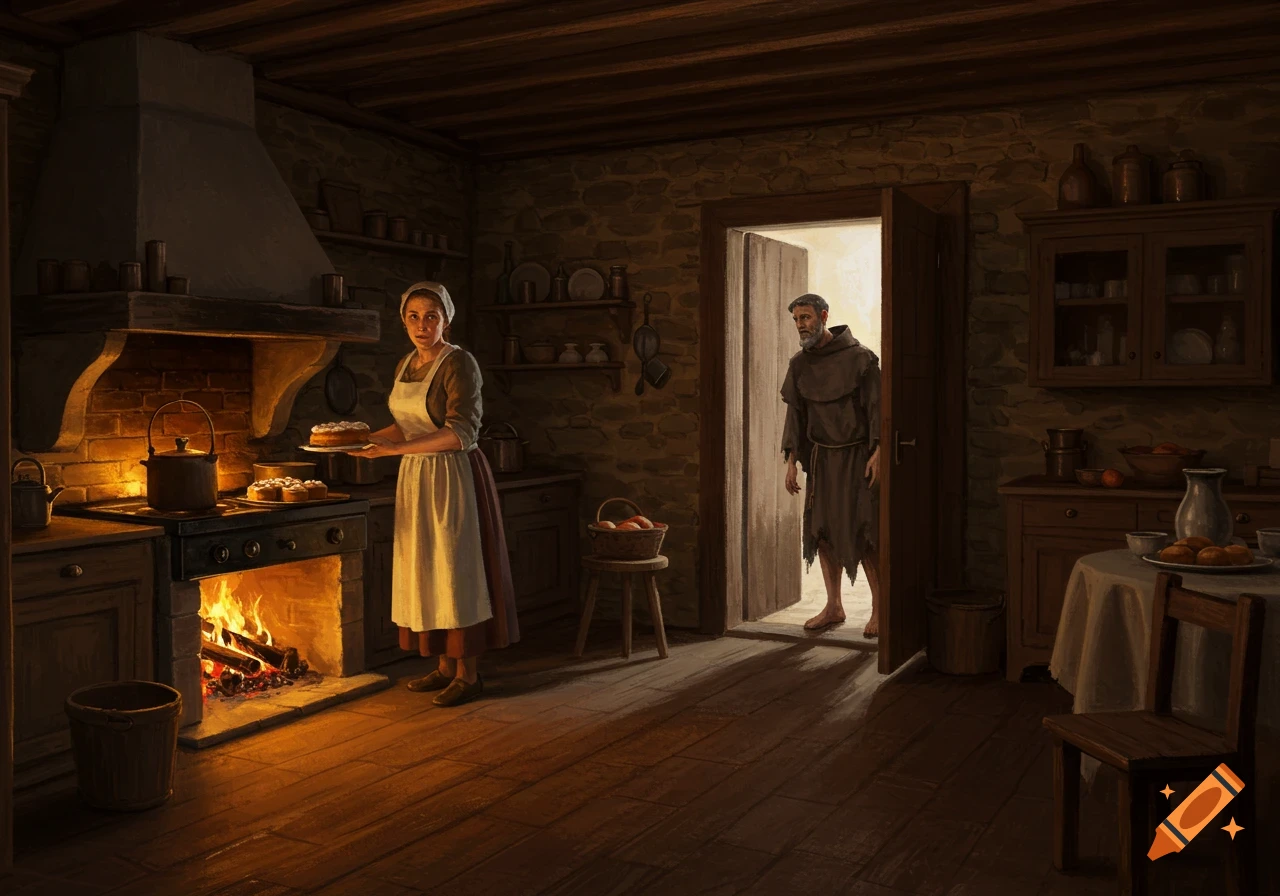 A woman bakes cakes in a dimly lit, rustic kitchen while a tired man in ragged clothes stands in the doorway.