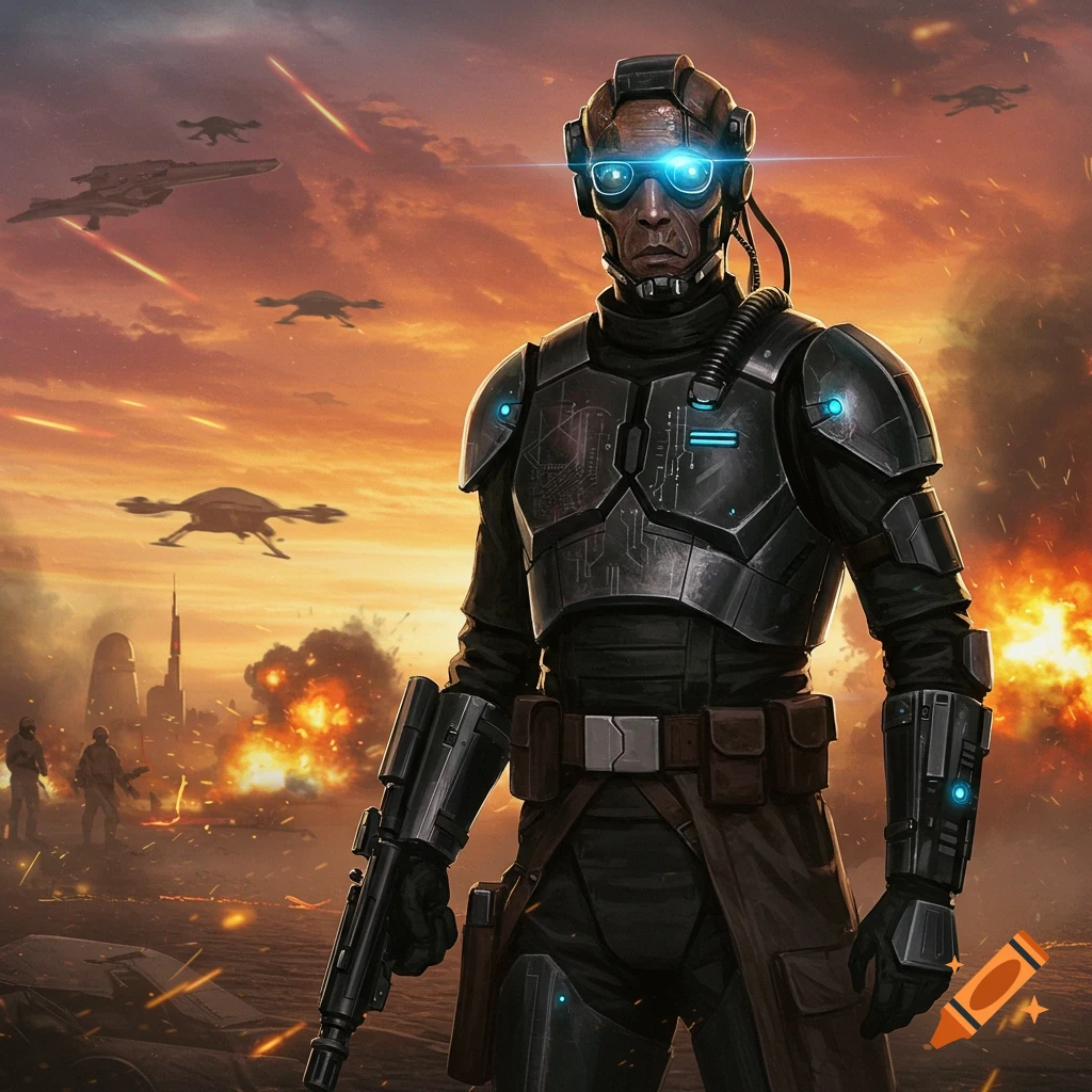 A heavily armored futuristic soldier with glowing blue goggles stands on a war-torn alien landscape with explosions and flying vehicles.