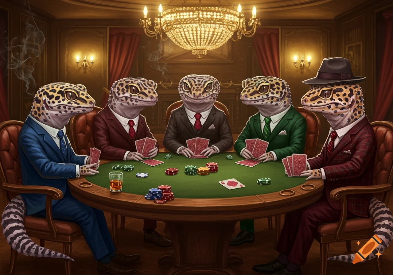 Five anthropomorphic leopard geckos in suits play poker at a green felt table under a chandelier in a luxurious room.