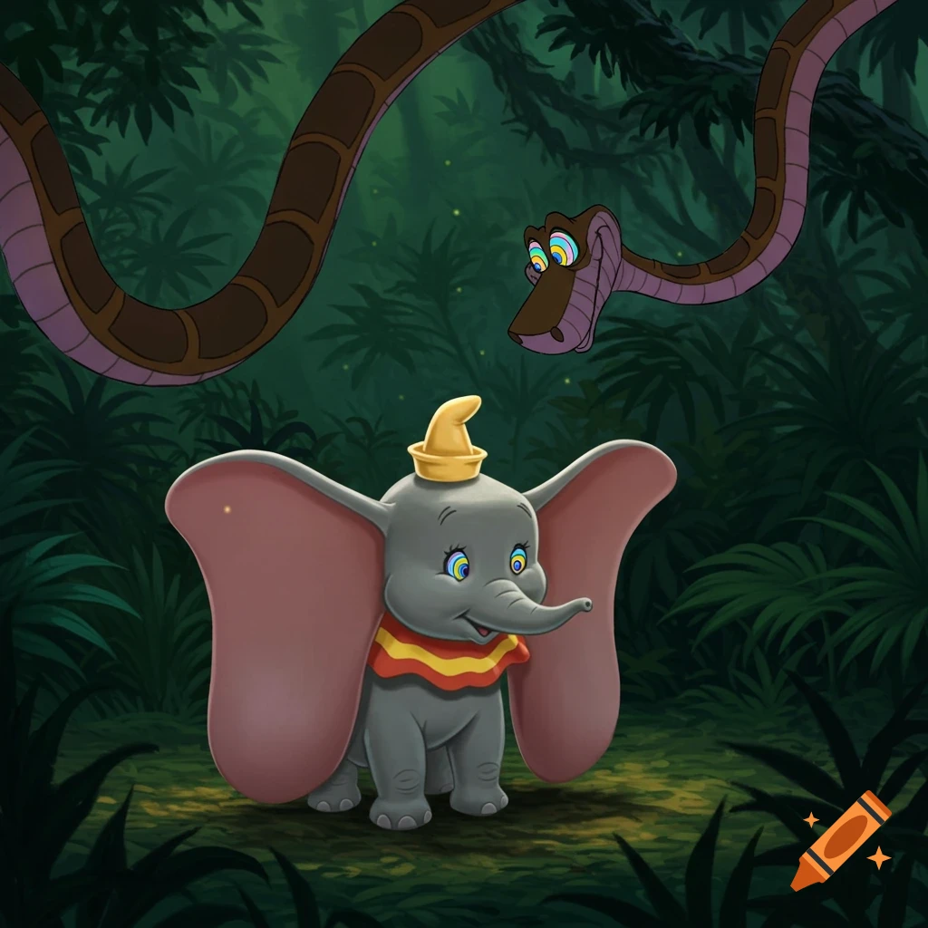 Cartoon Dumbo with hypnotized, swirling eyes looks up at Kaa the snake in a dark jungle.