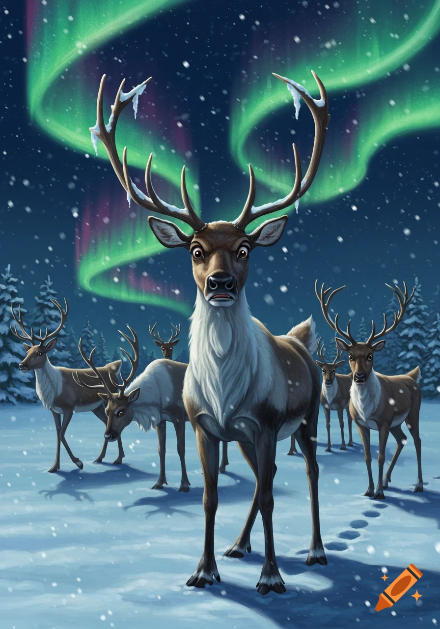 A group of startled reindeer with wide eyes stand in a snowy forest under a vibrant green aurora borealis.