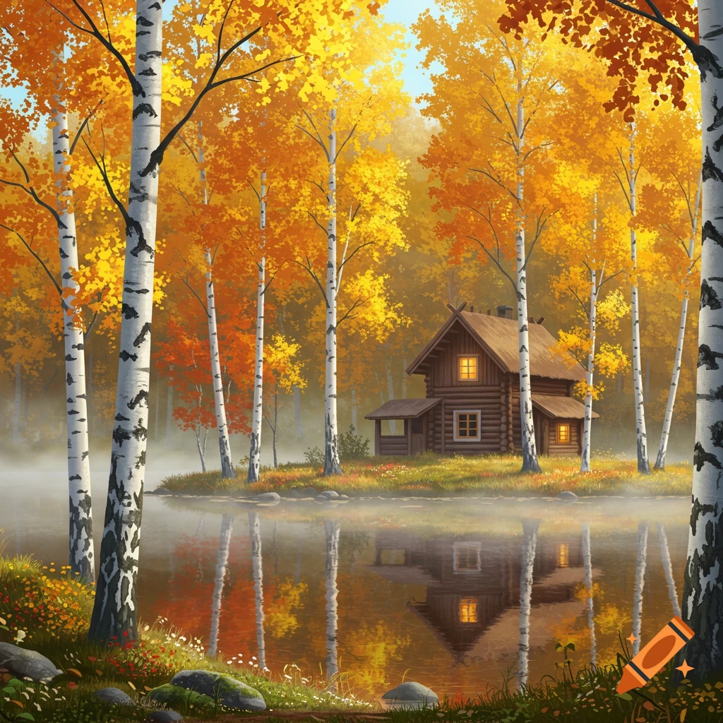 A picturesque autumn landscape with a cozy log cabin nestled among vibrant yellow and orange birch trees by a calm lake, reflecting the scene.