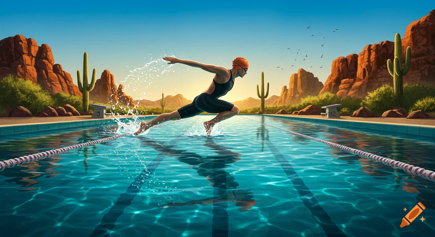 An illustrated swimmer in a black swimsuit and orange cap dives into an outdoor pool in a desert landscape.