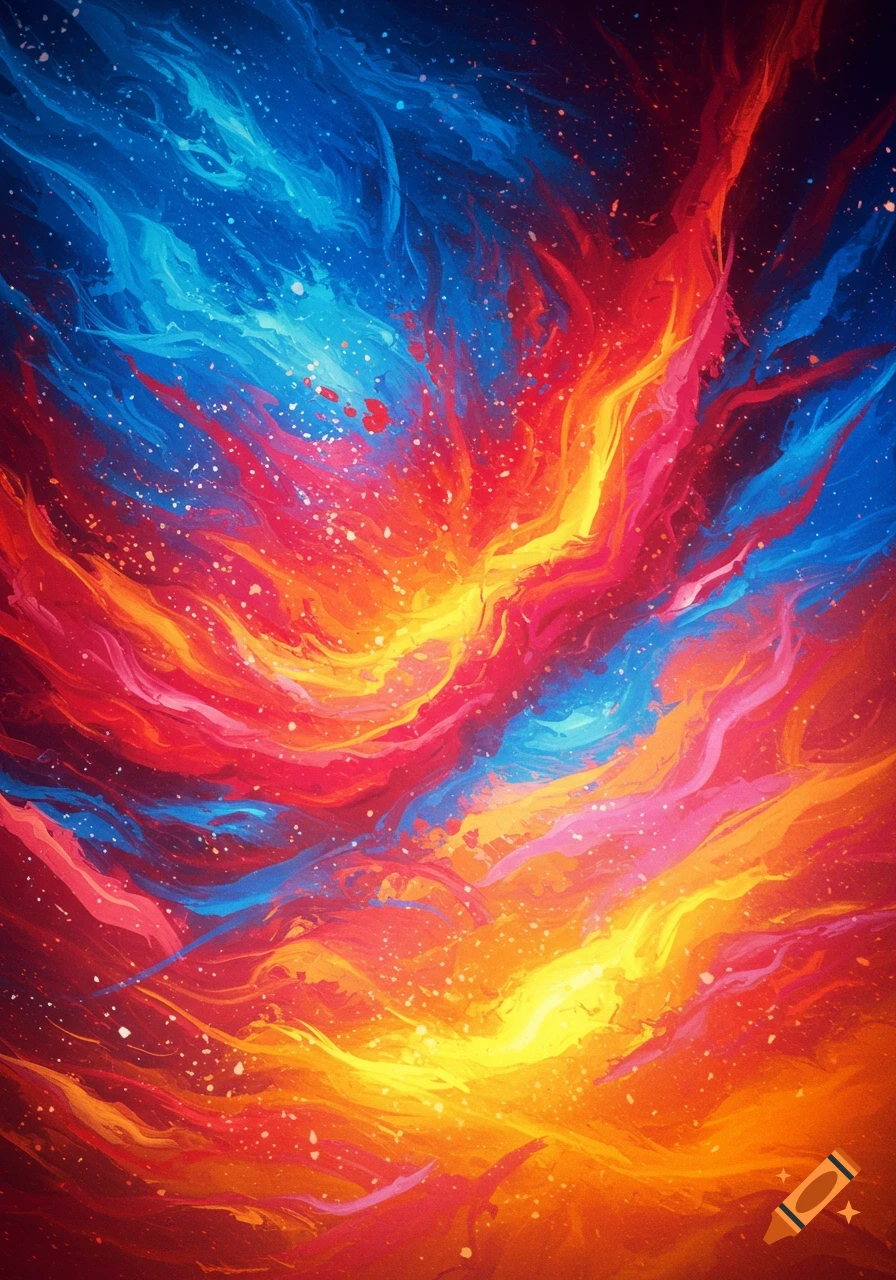 Vibrant abstract painting with swirling blue, red, orange, and yellow, resembling a cosmic explosion with white speckles.