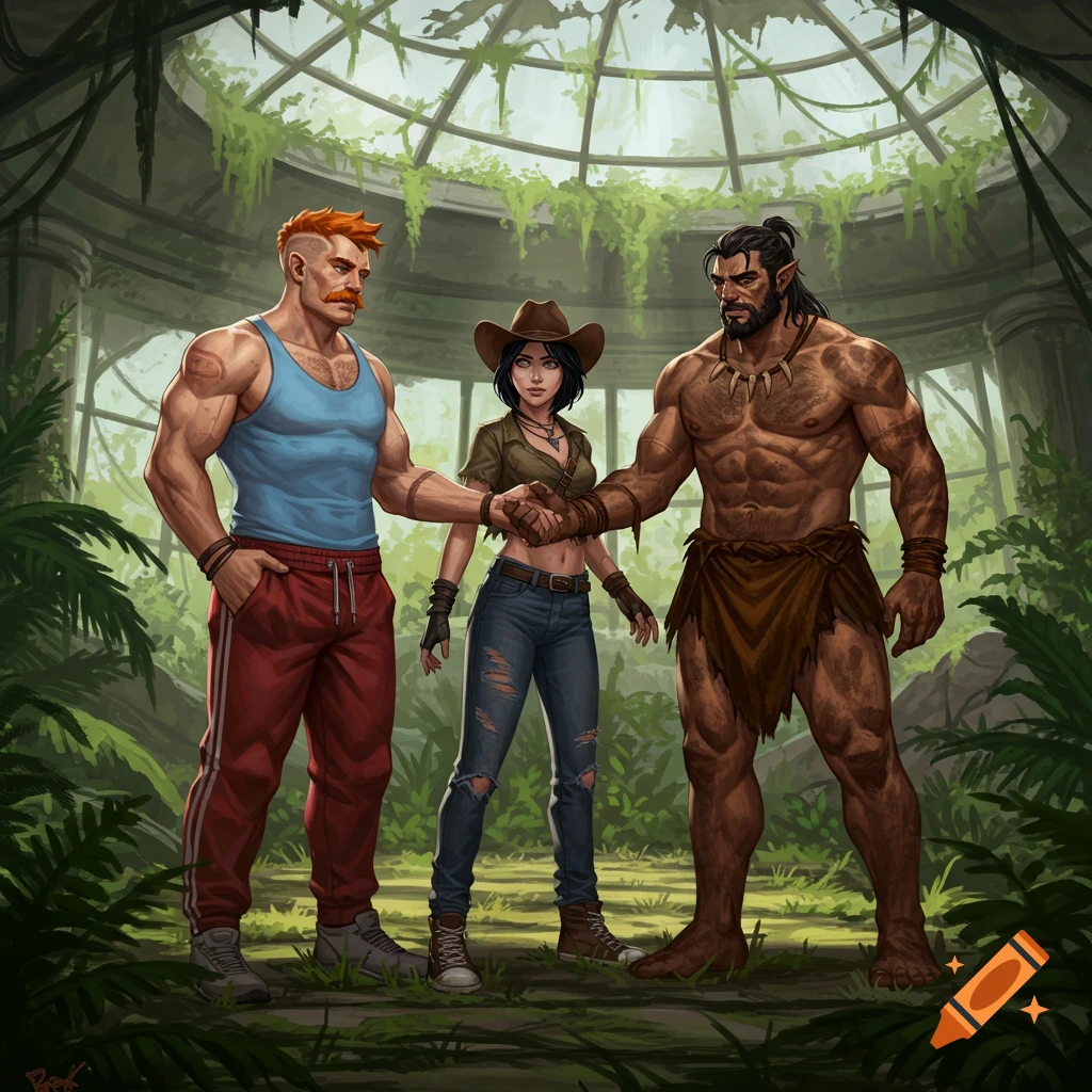 Three adventurers, two muscular men and a woman in a cowboy hat, shake hands in an overgrown, ruined jungle greenhouse.