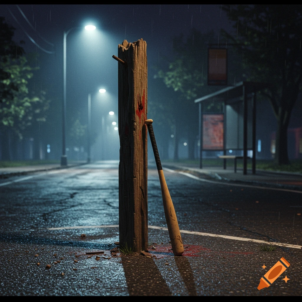 Photorealistic image of a blood-stained wooden post with a baseball bat leaning against it on a wet street at night.