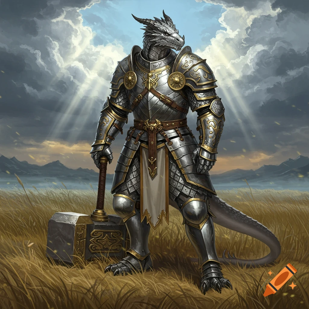 A silver dragonborn male in ornate plate armor holds a war hammer, standing in a golden field under a dramatic cloudy sky with sun rays.