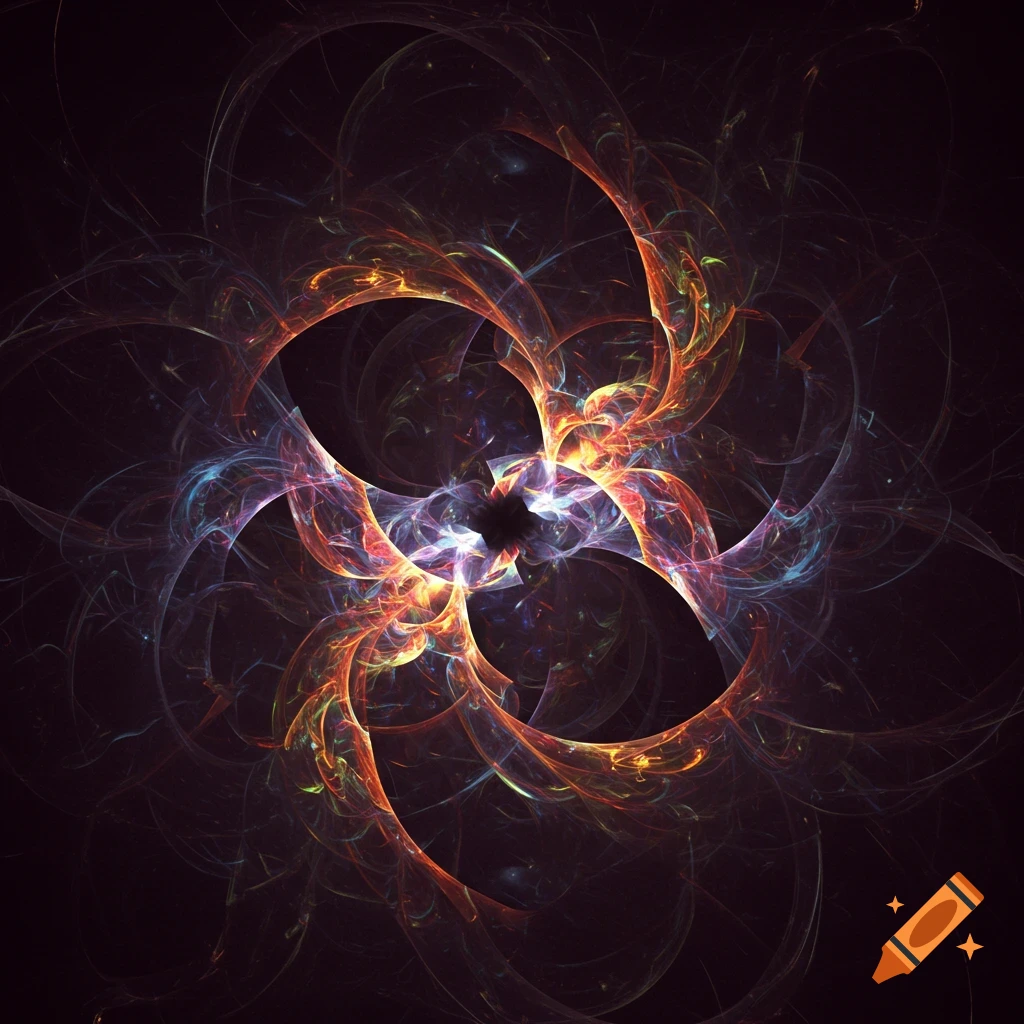 A vibrant abstract fractal image with glowing orange, red, blue, and purple swirls forming a radial pattern on a dark background.