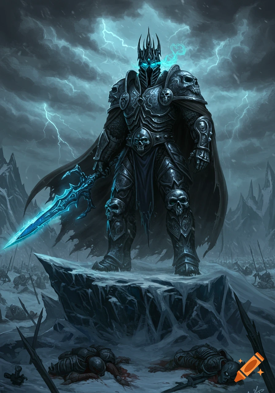 Armored Lich King with glowing blue eyes and sword stands on a rock over defeated foes in a snowy, stormy battlefield with lightning. Dark fantasy digital art.