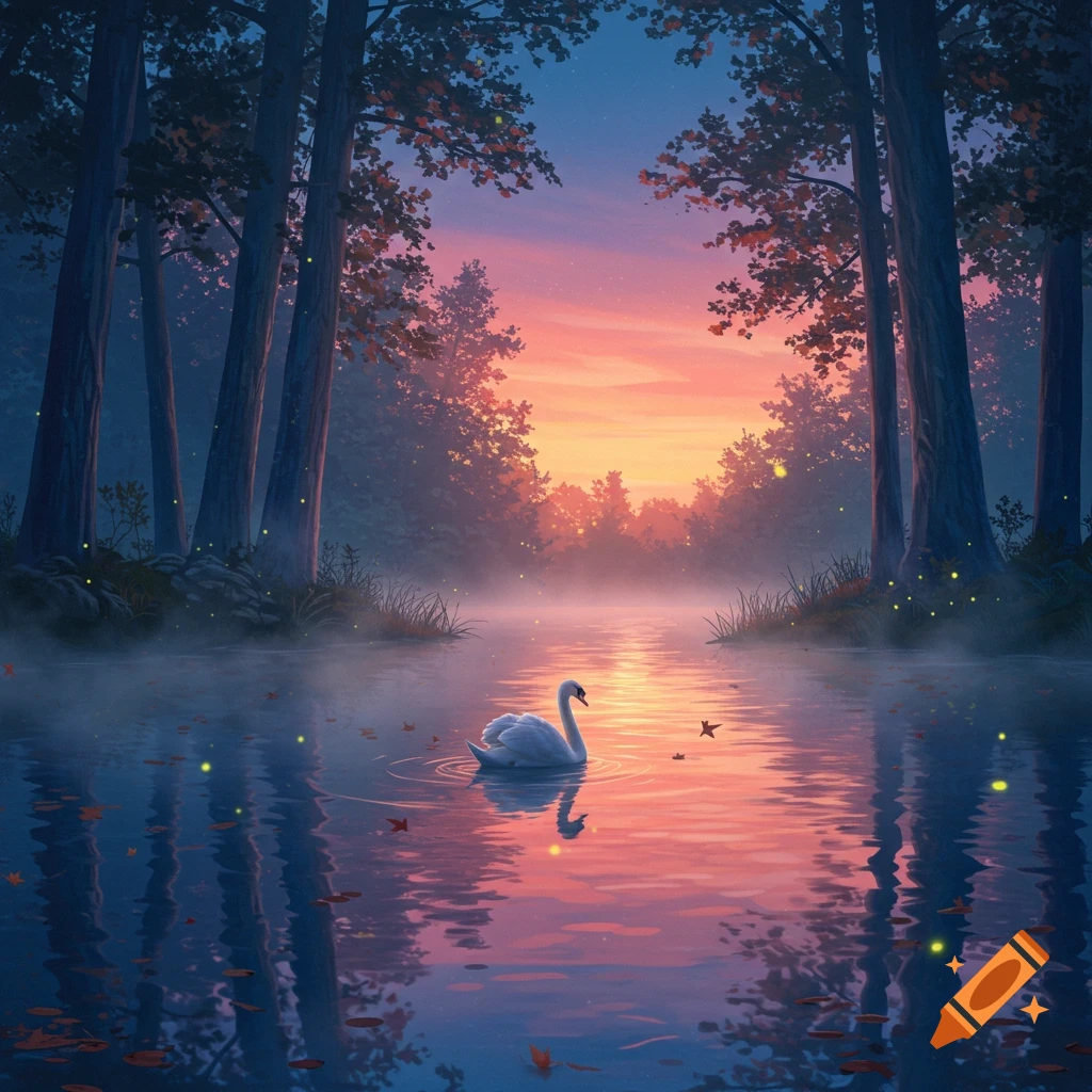 A serene digital painting of a white swan on a tranquil lake reflecting a colorful sunset sky amidst a misty forest with glowing fireflies.