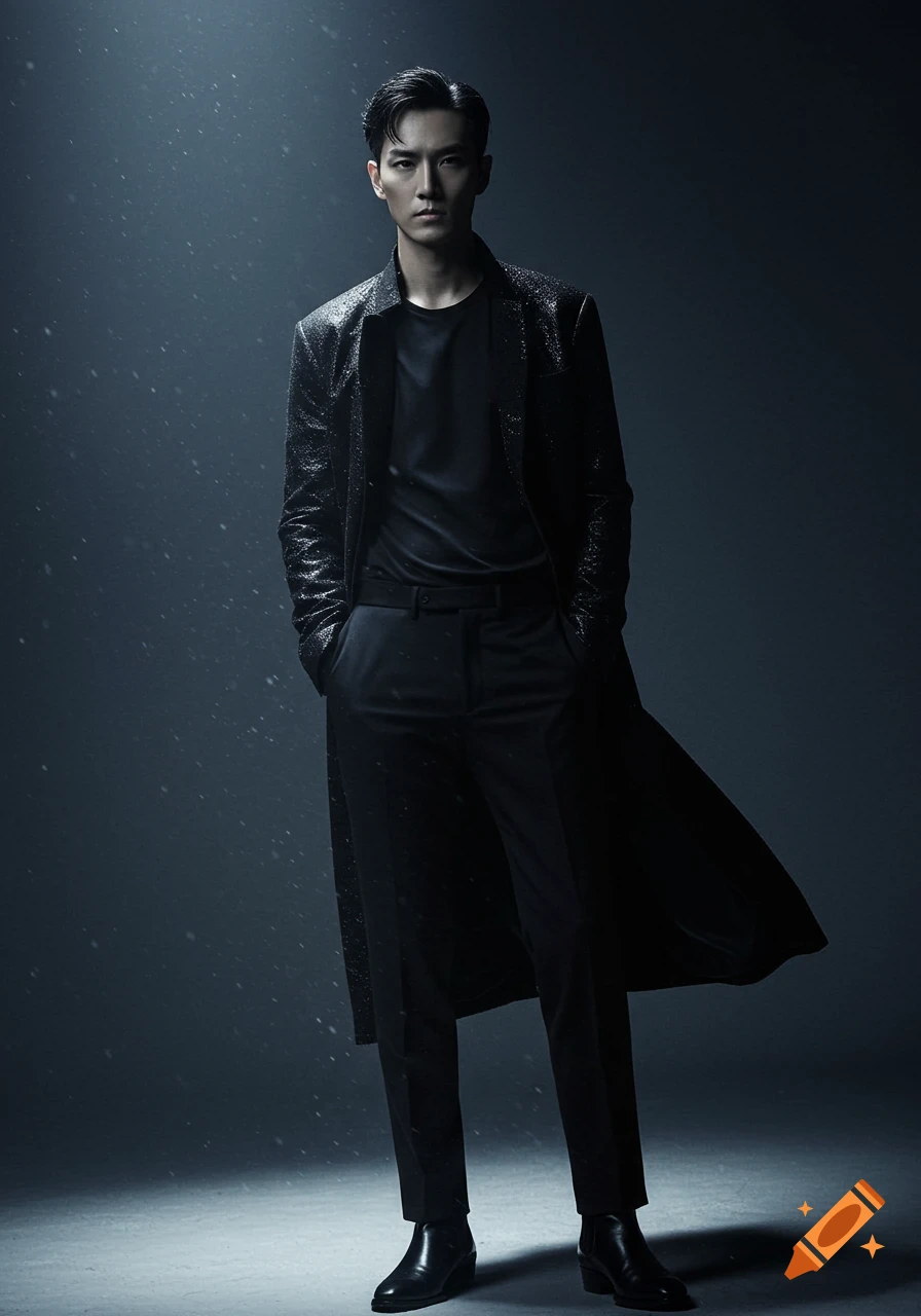 A stylish man in a shiny black long coat and dark clothes stands in a moody, spotlighted setting with light particles.