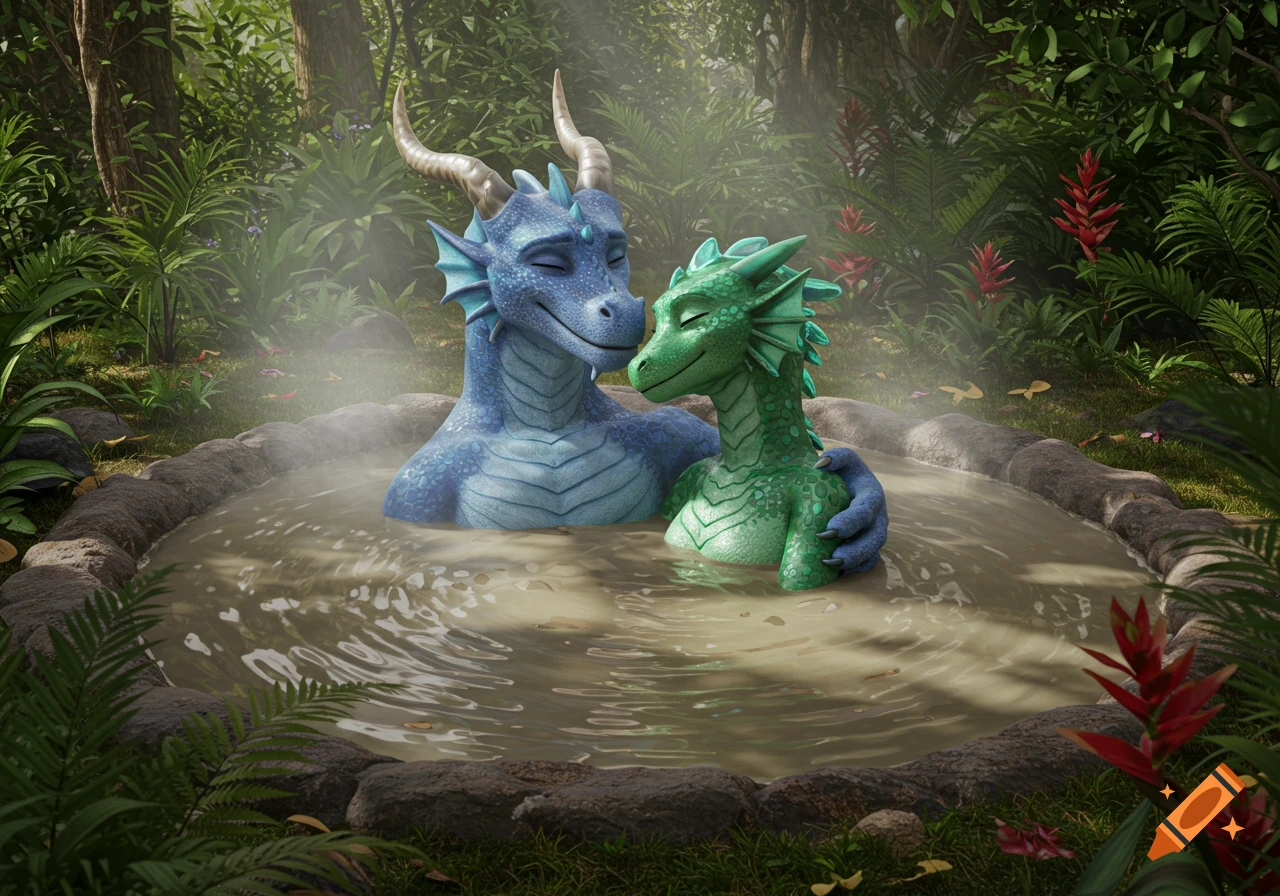 A blue dragon and a green dragon nuzzle affectionately in a steaming mud hot tub amidst a vibrant jungle, in 3D animation style.